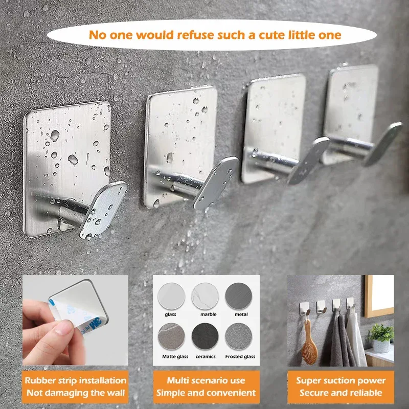 4pc/2pc bathroom clothes hooks, adhesive wall hooks, stainless steel towel racks, bathroom kitchen hardware, multi-purpose hooks