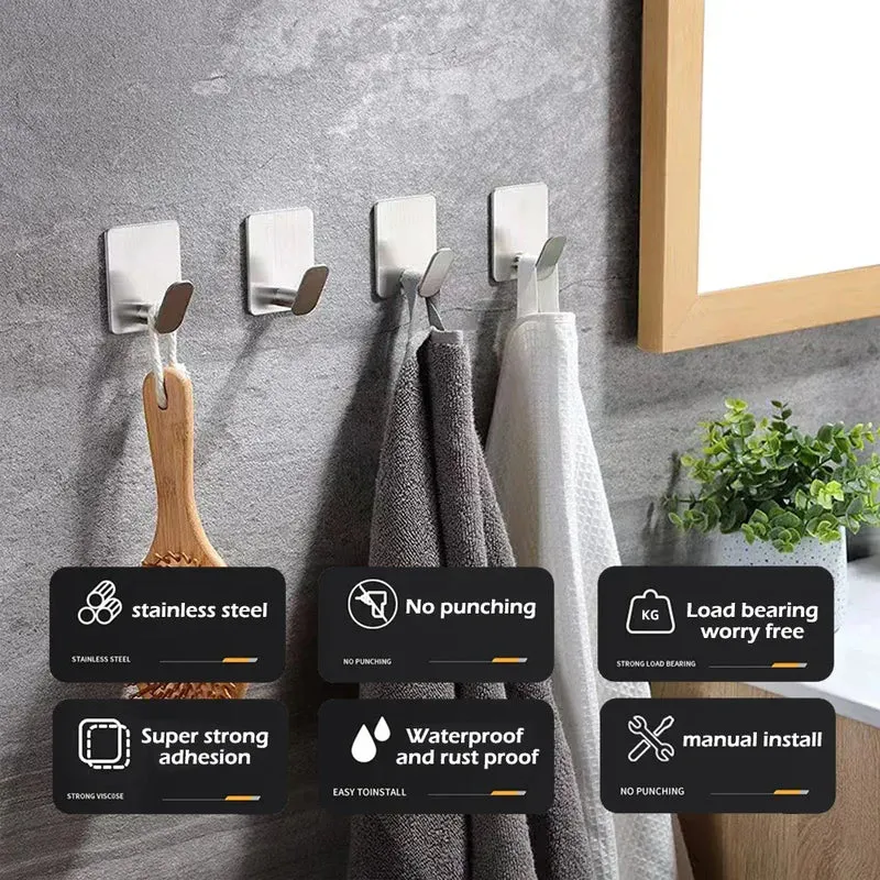4pc/2pc bathroom clothes hooks, adhesive wall hooks, stainless steel towel racks, bathroom kitchen hardware, multi-purpose hooks