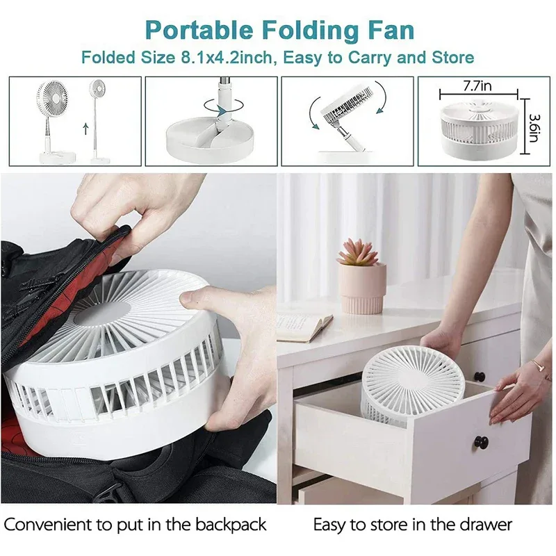 Foldable Telescopic Wireless Portable Desk Fan Usb Rechargeable Built-In Battery Oscillating Standing Air Cooling Fan