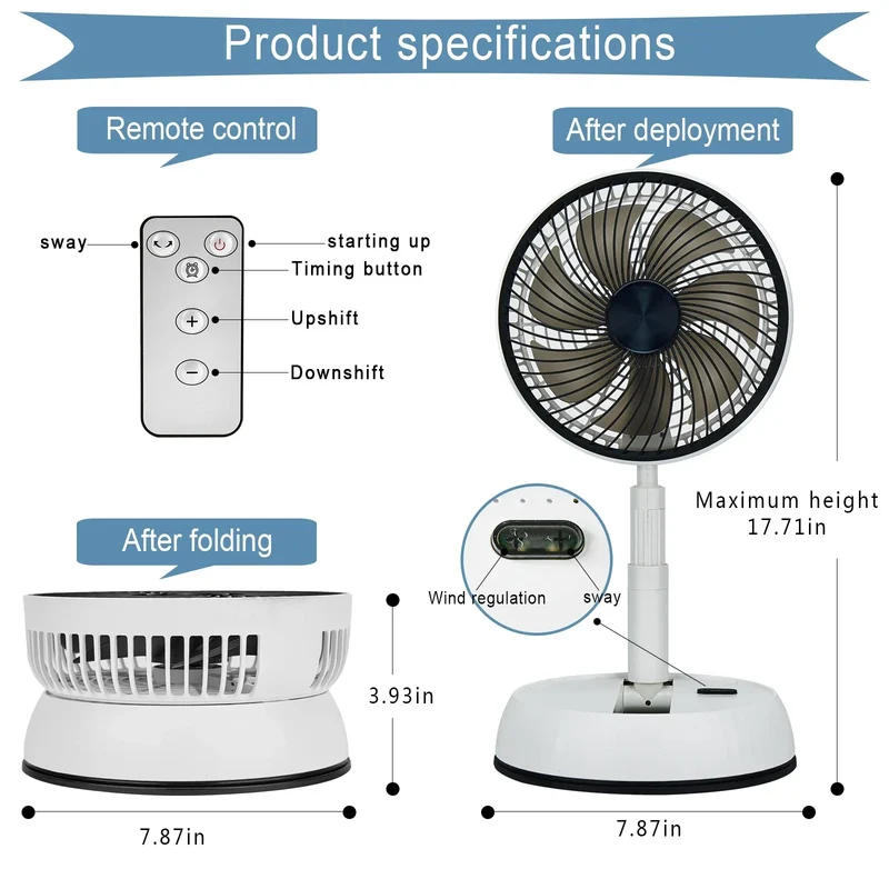 Portable Folding Fan 6000mAh USB Remote Control Air Cooler Silent Rechargeable Wireless Floor Standing Fan For Outdoor Home