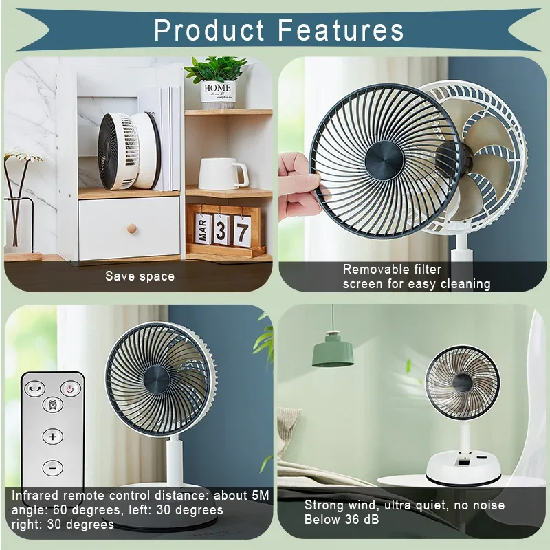 Portable Folding Fan 6000mAh USB Remote Control Air Cooler Silent Rechargeable Wireless Floor Standing Fan For Outdoor Home