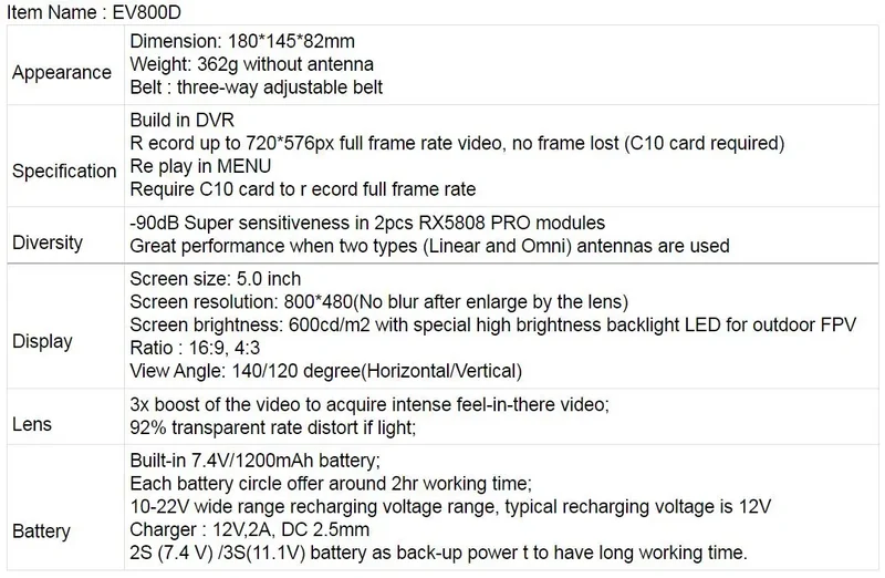 Ev800d 5.8g 40ch 5 Inch 800*480 Video Headset Dvr Diversity Fpv Goggles With Battery For Rc Model Rc Fpv Drone