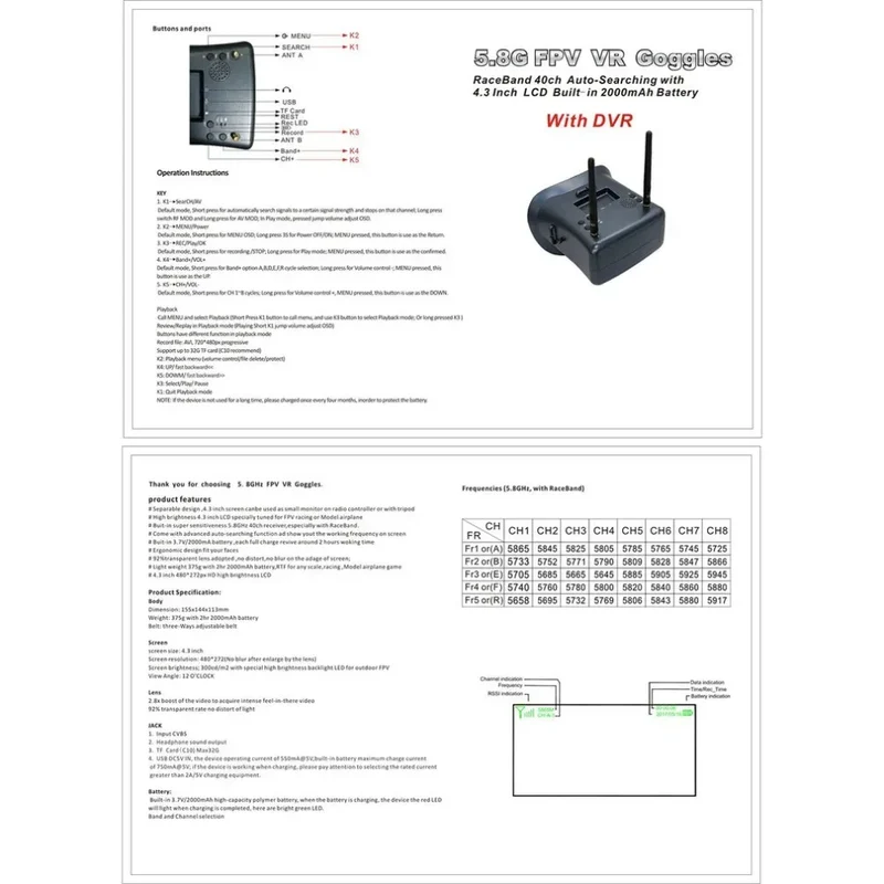 Ev800d 5.8g 40ch 5 Inch 800*480 Video Headset Dvr Diversity Fpv Goggles With Battery For Rc Model Rc Fpv Drone