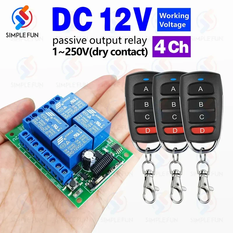 433Mhz Universal Wireless Remote Control Light Switch DC 12V 4CH RF Relay Receiver 60m Range for Light/Garage Door/LED DIY