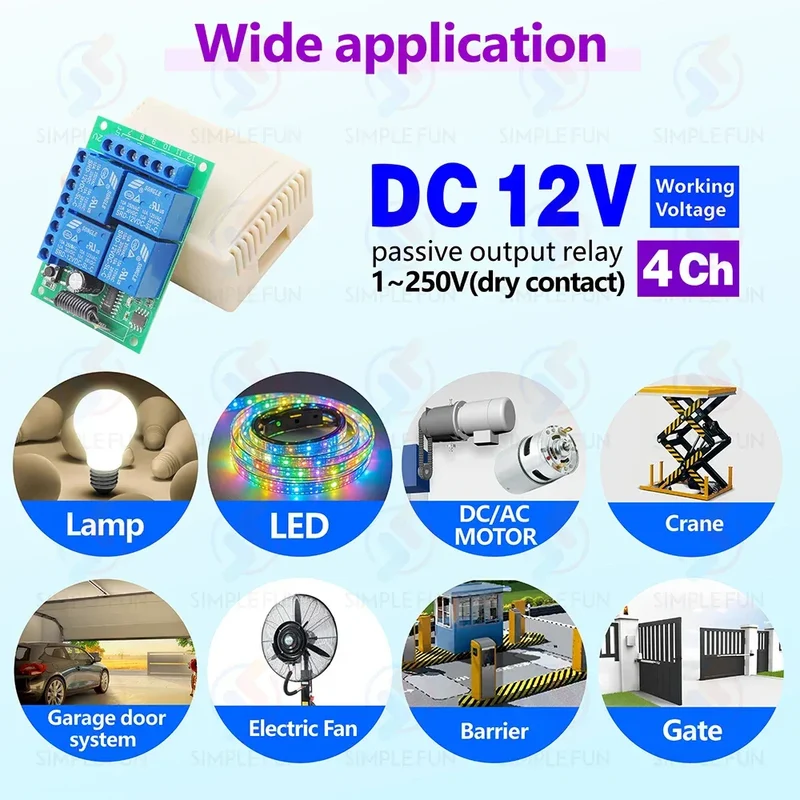433Mhz Universal Wireless Remote Control Light Switch DC 12V 4CH RF Relay Receiver 60m Range for Light/Garage Door/LED DIY