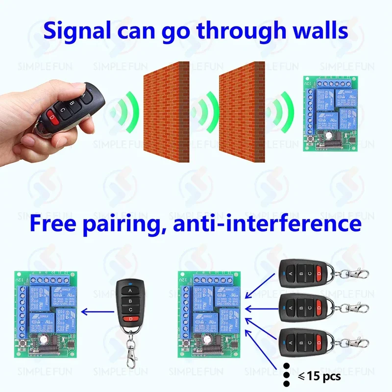 433Mhz Universal Wireless Remote Control Light Switch DC 12V 4CH RF Relay Receiver 60m Range for Light/Garage Door/LED DIY