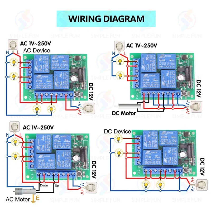 433Mhz Universal Wireless Remote Control Light Switch DC 12V 4CH RF Relay Receiver 60m Range for Light/Garage Door/LED DIY
