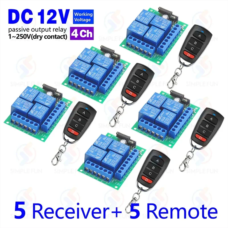 433Mhz Universal Wireless Remote Control Light Switch DC 12V 4CH RF Relay Receiver 60m Range for Light/Garage Door/LED DIY