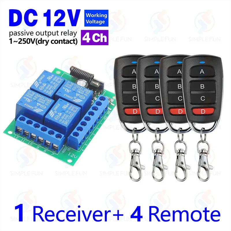 433Mhz Universal Wireless Remote Control Light Switch DC 12V 4CH RF Relay Receiver 60m Range for Light/Garage Door/LED DIY