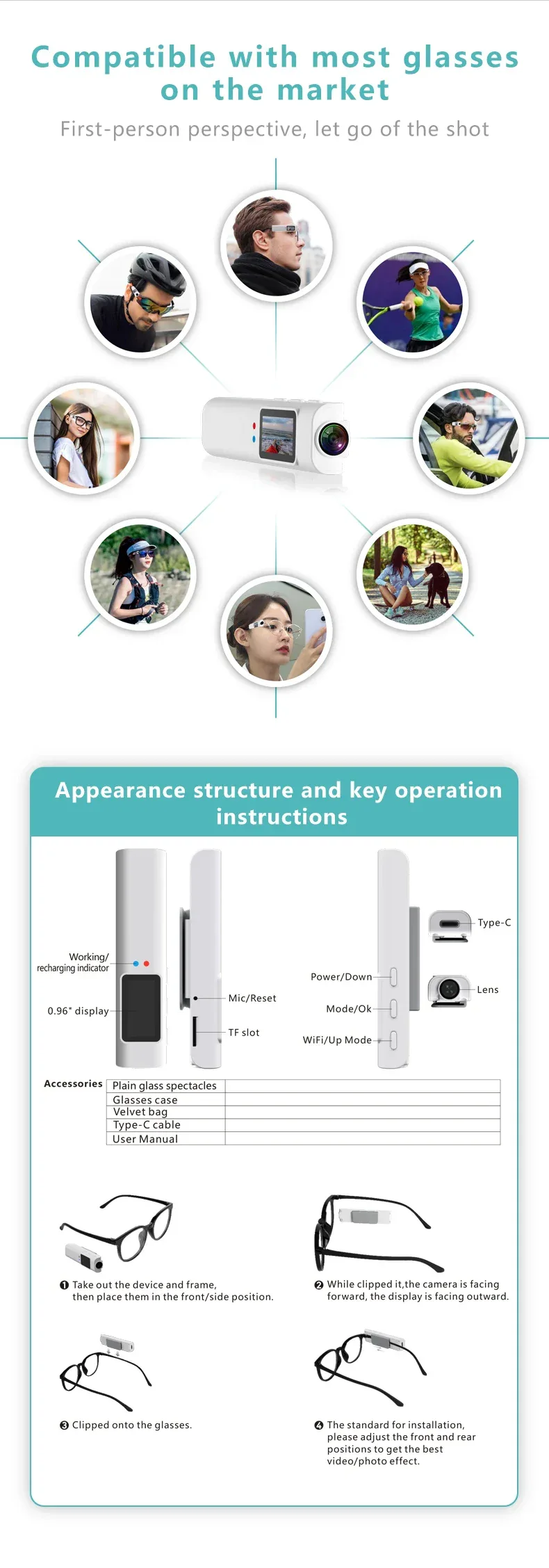 Lenovo 4K Mini FPV Eyeglasses Video Shooting Micro-camera HD WiFi Intelligent Headset Glasses Video&Sound Recording WiFi APP