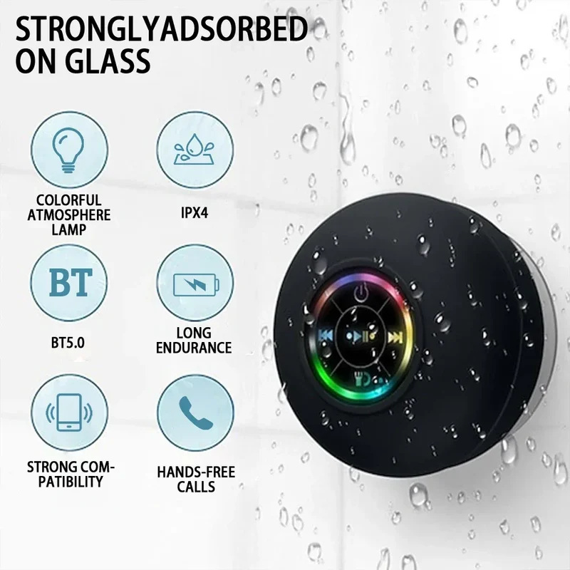 Portable Wireless Bluetooth Speaker LED Light IPX4 Waterproof Loudspeaker Outdoor Bathroom Large Suction Cup Stereo Sound Box