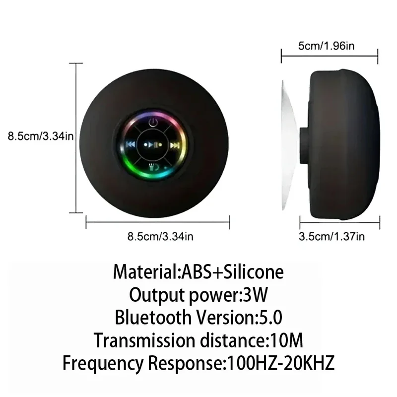 Portable Wireless Bluetooth Speaker LED Light IPX4 Waterproof Loudspeaker Outdoor Bathroom Large Suction Cup Stereo Sound Box