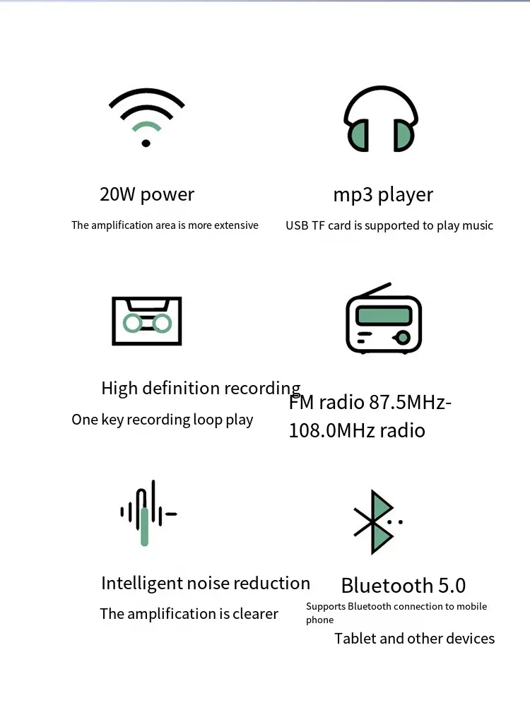 20W 2.4G Wireless / Wired Voice Amplifier Microphone Bluetooth 5.0 SpeakerTeacher School Tour Guide Portable FM Radio Megaphone