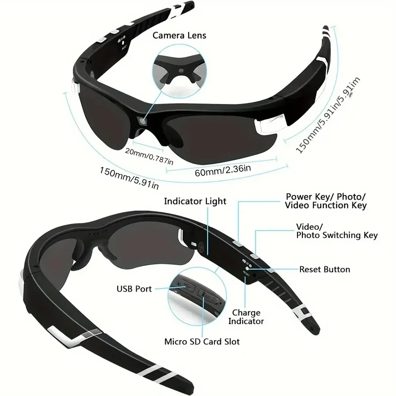 Outdoor FPV Camera Sunglasses Action Smart Glasses 1080P POV Mini for Vlogging Sport Eyewear FHD Video Sports Cycling Eyeglasses