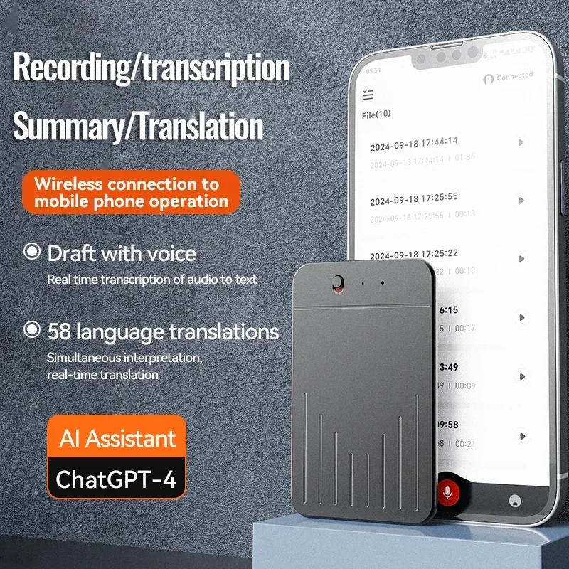 8-128GB AI ChatGPT-4 Intelligent Voice Recorder Audio App Phone Call Record Transcribe Summarize Voice to Text Conversion Device