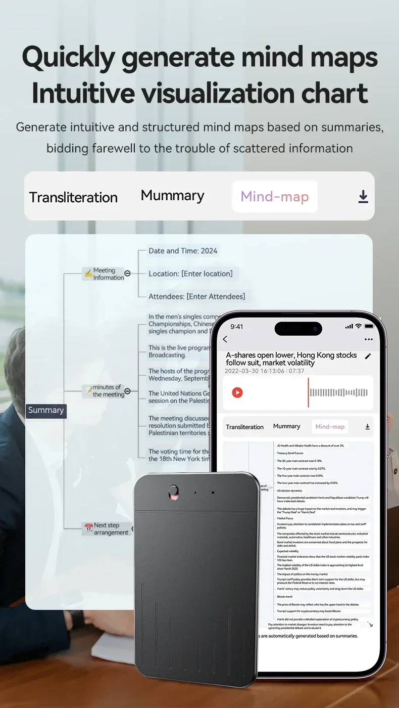 8-128GB AI ChatGPT-4 Intelligent Voice Recorder Audio App Phone Call Record Transcribe Summarize Voice to Text Conversion Device