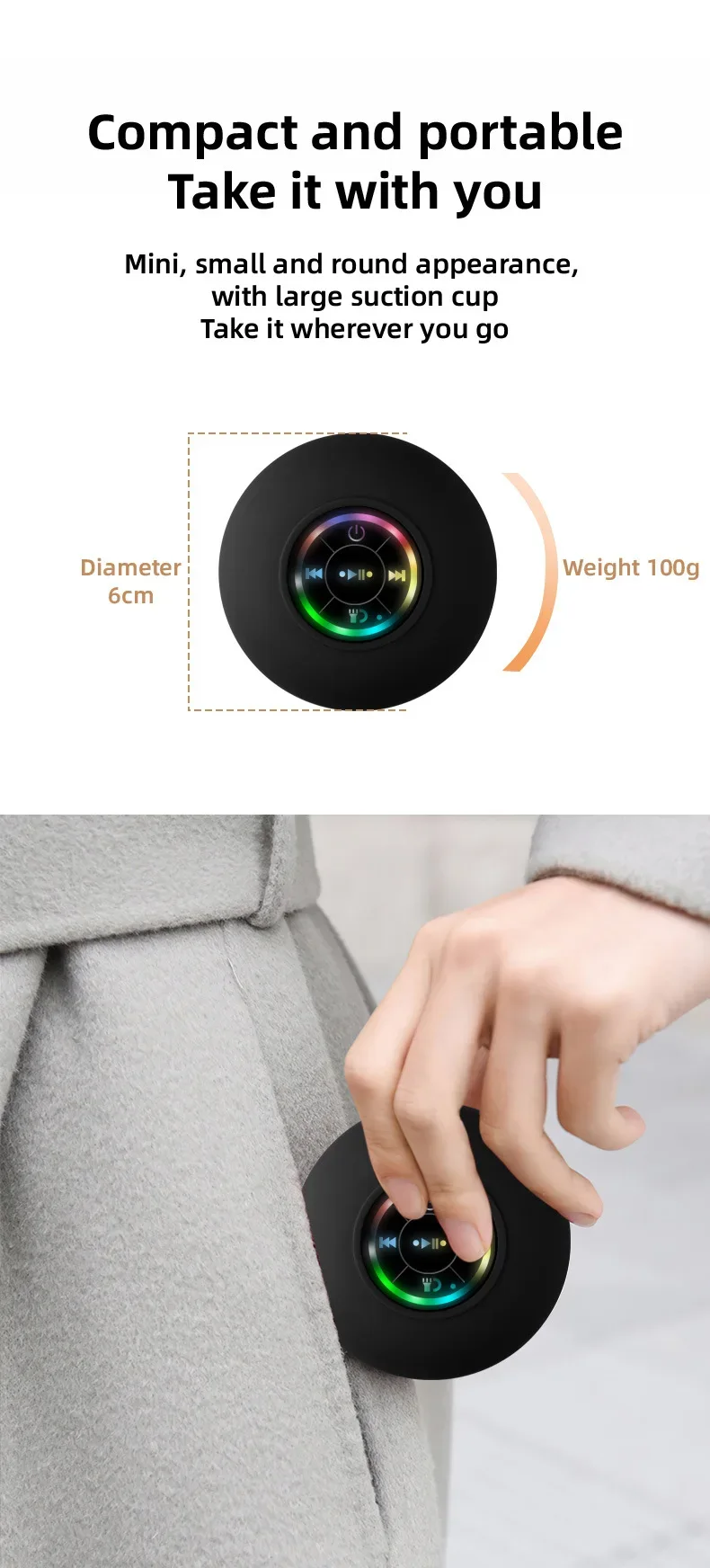Mini Bluetooth Speaker Waterproof Bathroom Audio Wireless Shower Speakers RGB Light for Phone Soundbar Hand Free Car Loudspeaker