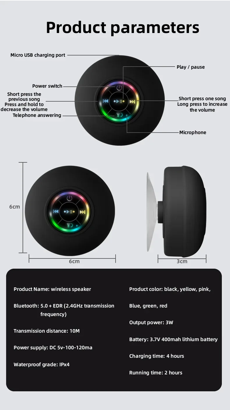 Mini Bluetooth Speaker Waterproof Bathroom Audio Wireless Shower Speakers RGB Light for Phone Soundbar Hand Free Car Loudspeaker
