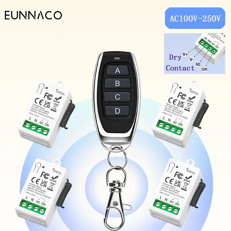 RF433MHz Dry Contact Wireless Remote Control Light Switch AC110V 220V 10A Mini Relay Module for Garage Control Lock LED DIY Lamp
