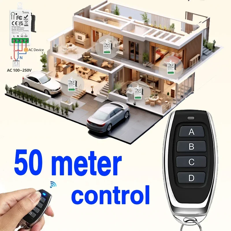 RF433MHz Dry Contact Wireless Remote Control Light Switch AC110V 220V 10A Mini Relay Module for Garage Control Lock LED DIY Lamp