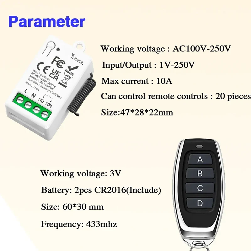 RF433MHz Dry Contact Wireless Remote Control Light Switch AC110V 220V 10A Mini Relay Module for Garage Control Lock LED DIY Lamp