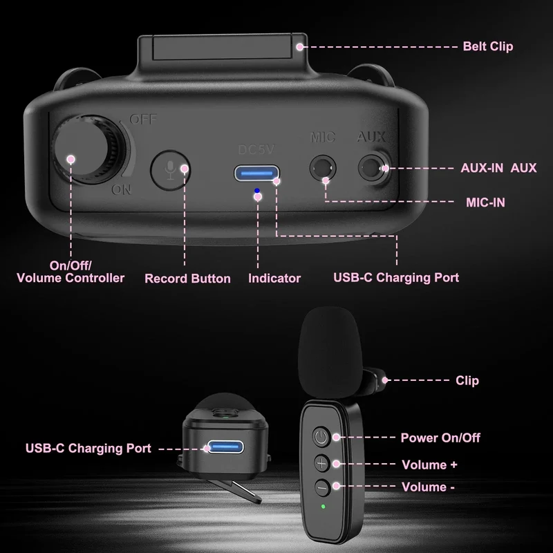 Portable Wireless Voice Amplifier with Lavalier Microphone Rechargeable Clip On Megaphone Speaker for Teacher Tour Guide Outdoor