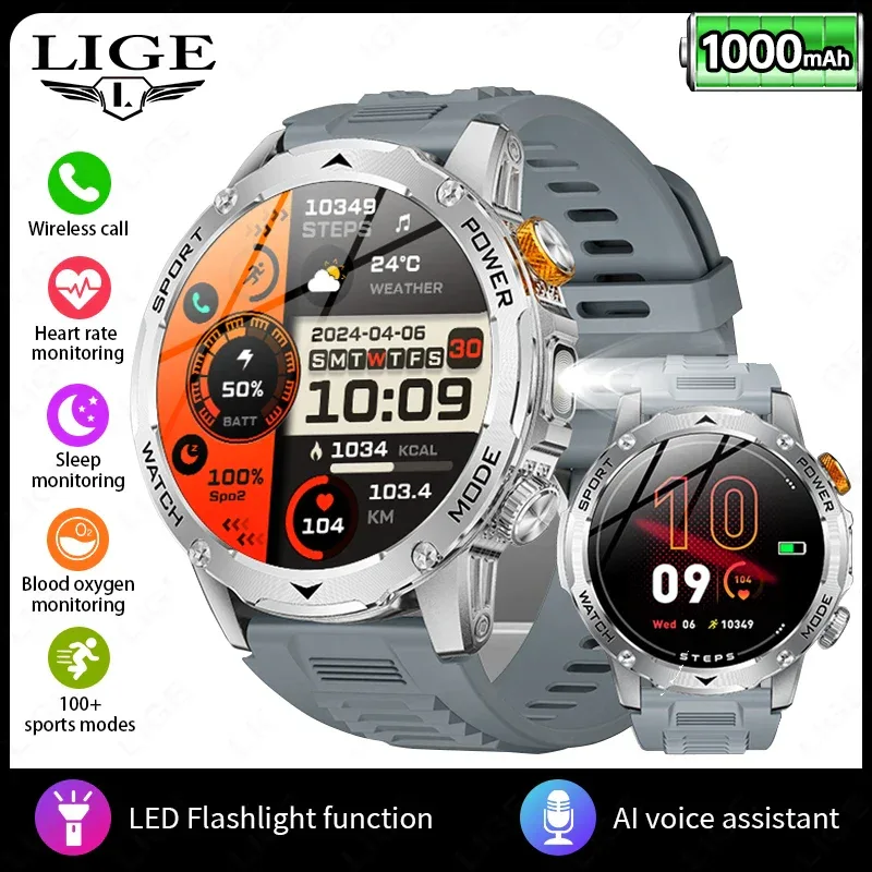 LIGE AMOLED Smart Watch Men with Flashlight Sports IP68 Waterproof Fitness Tracker Bluetooth Call Smartwatch Man for Android iOS