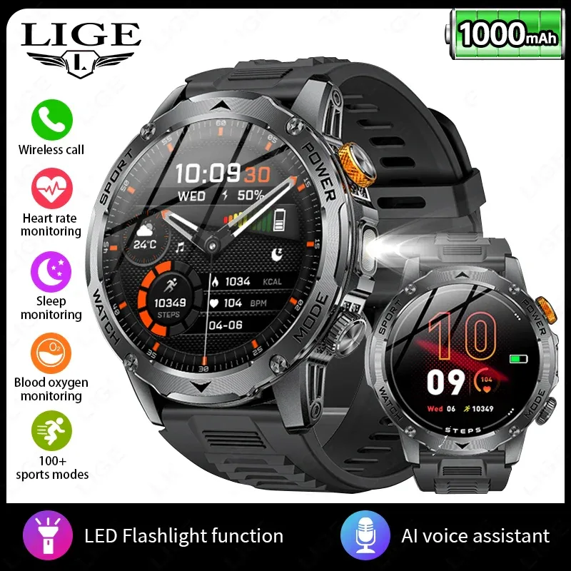 LIGE AMOLED Smart Watch Men with Flashlight Sports IP68 Waterproof Fitness Tracker Bluetooth Call Smartwatch Man for Android iOS