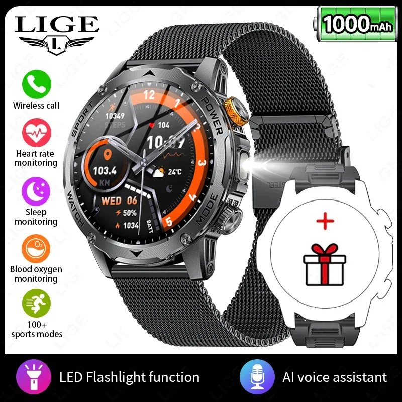 LIGE AMOLED Smart Watch Men with Flashlight Sports IP68 Waterproof Fitness Tracker Bluetooth Call Smartwatch Man for Android iOS