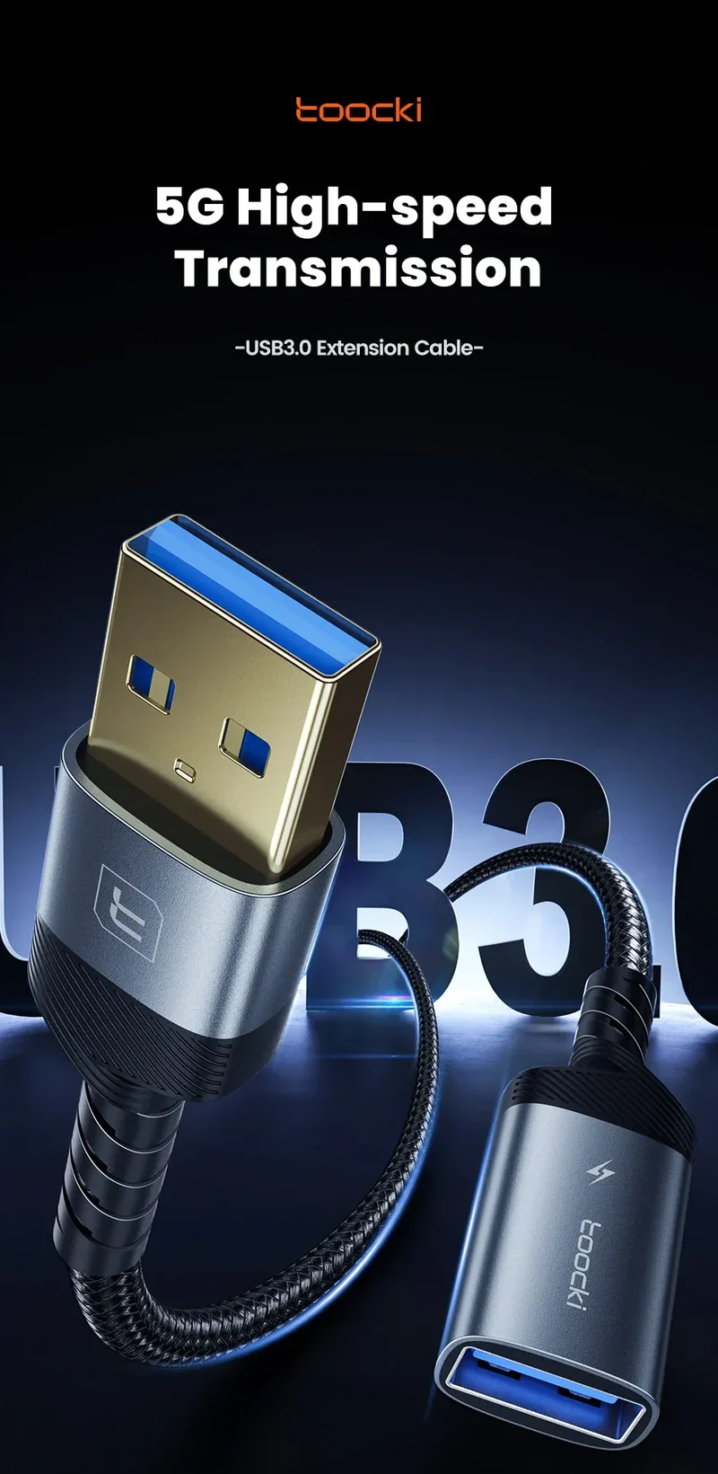 Toocki USB3.0 Extension Cable Male to Female Hi-Speed Transmission Data Cable for PC Laptop TV Xbox USB Extender Cord