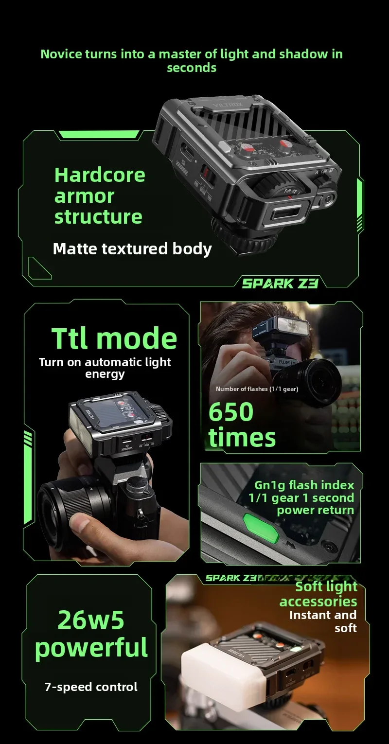 VILTROX Spark Z3 on-camera Flash Speedlite with TTL GN16 6500K Speedlight for Canon Nikon Sony Fujifilm DSLR Camera