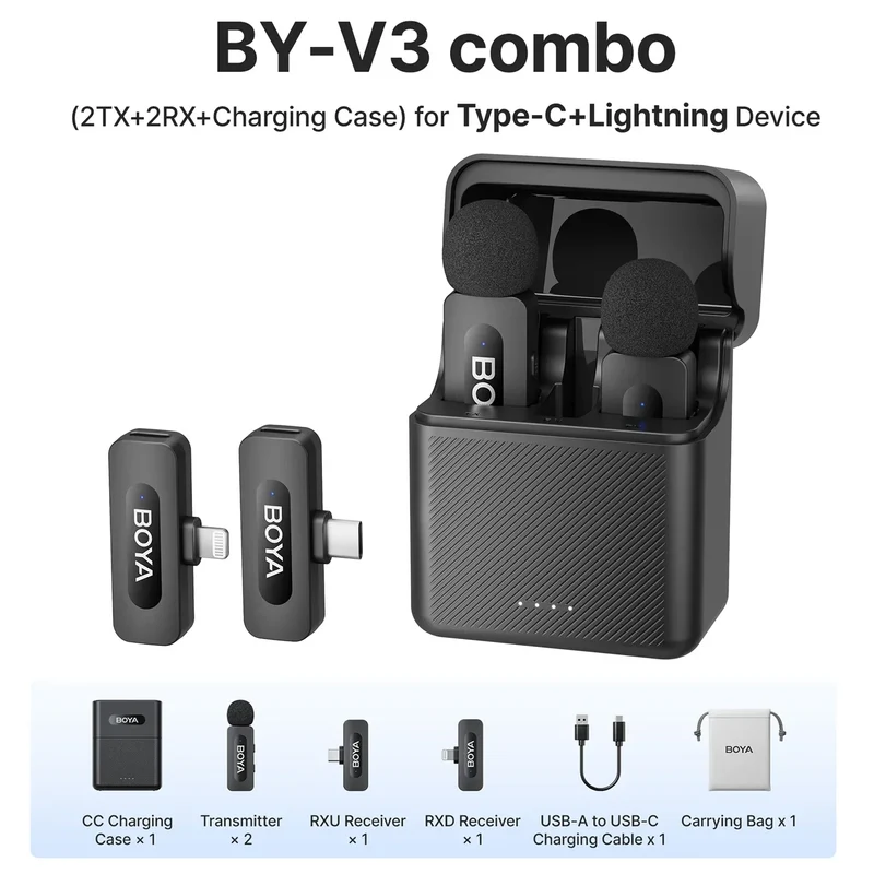 BOYA BY-V3 Wireless Lavalier Lapel Mirophone Noise-cancelling Rechargeable Mic for iPhone Android Camera Live Streaming Vlogging