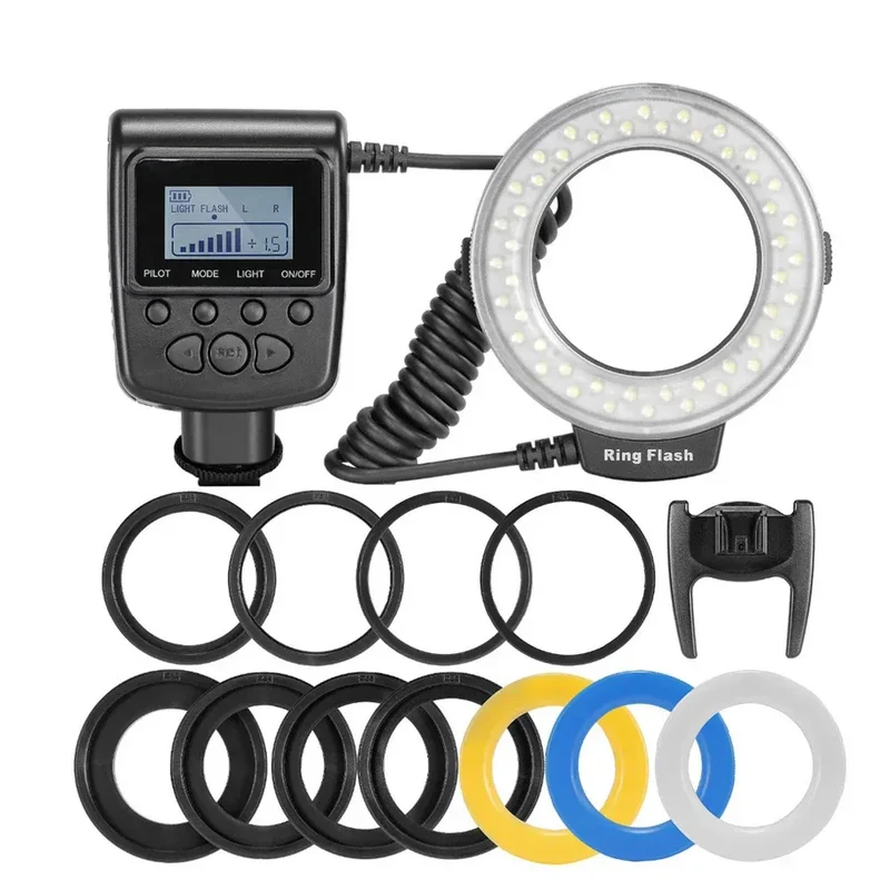RF-550D 48pcs Macro LED Ring Flash Bundle with 8 Adapter Ring for Canon Nikon Pentax Olympus Panasonic DSLR Camera Flash HD 130
