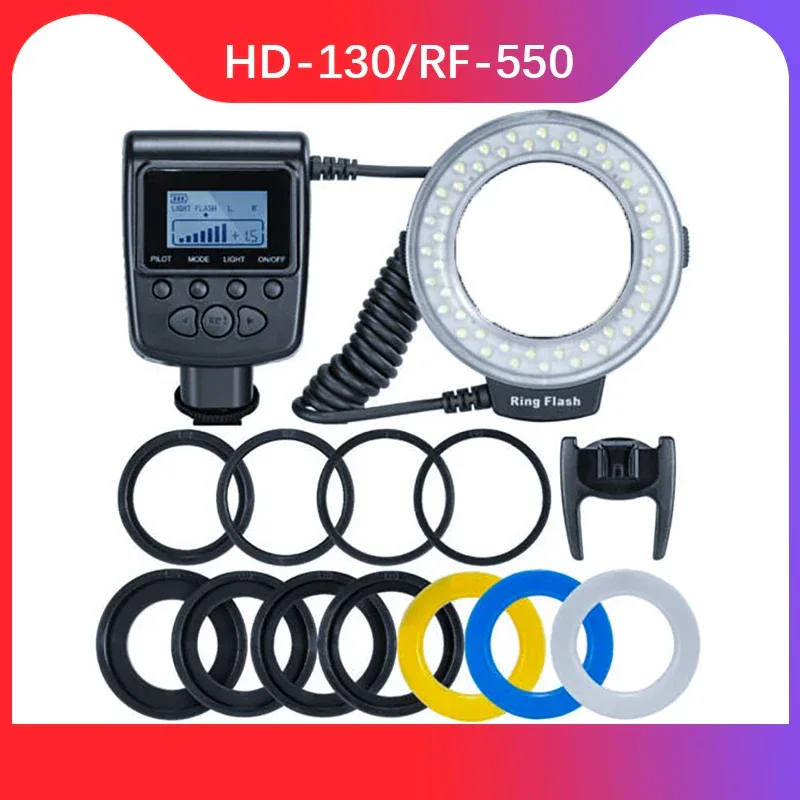 RF-550D 48pcs Macro LED Ring Flash Bundle with 8 Adapter Ring for Canon Nikon Pentax Olympus Panasonic DSLR Camera Flash HD 130