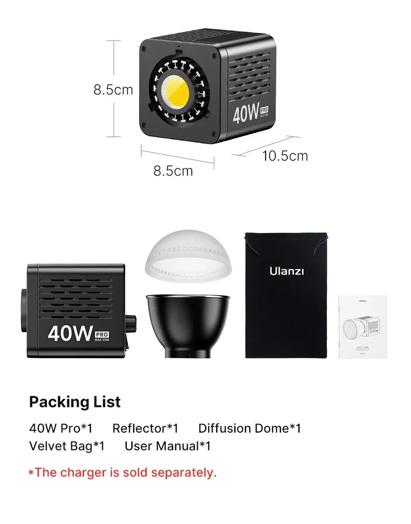 Ulanzi L023 40W Pro Portable LED Video Light Bi-Color COB Photographic Studio Light 2500K-6500K 3400mAh for Video Live-streaming