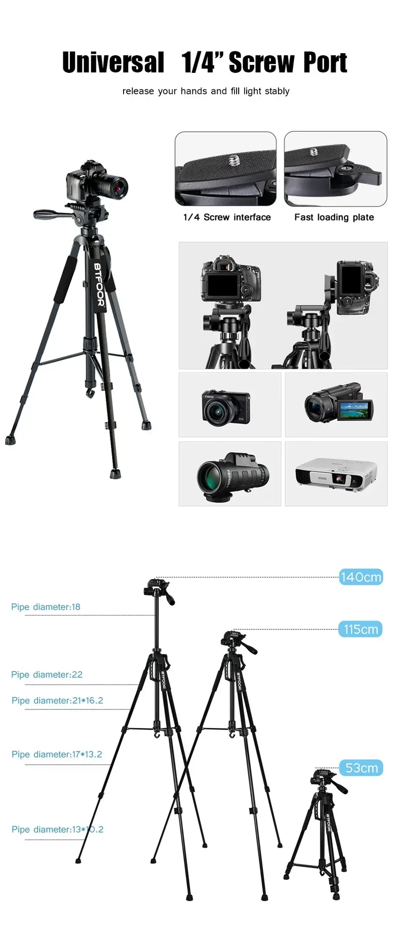 Phone Travel Self Tripod Aluminum Tall 55” 140CM Stand With Quick Plates Mount Pan Head For Canon Nikon DSLR SLR Digital Camera