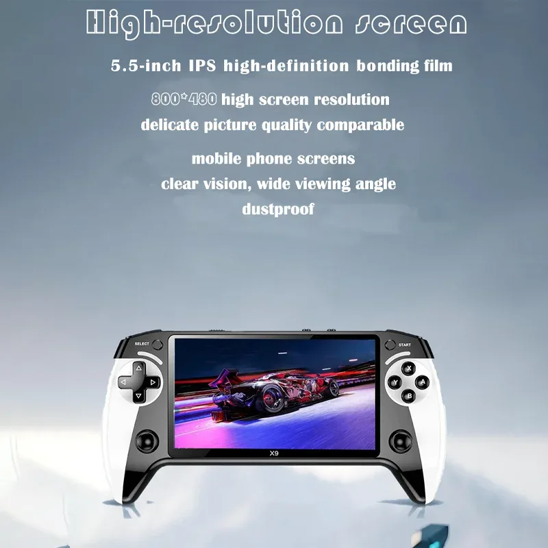 The X9 gaming console features a 5.5-inch high-resolution IPS display with P1 arcade-quality HD output, supporting dual-stick GB