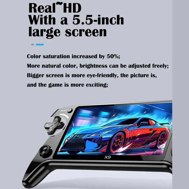 The X9 gaming console features a 5.5-inch high-resolution IPS display with P1 arcade-quality HD output, supporting dual-stick GB