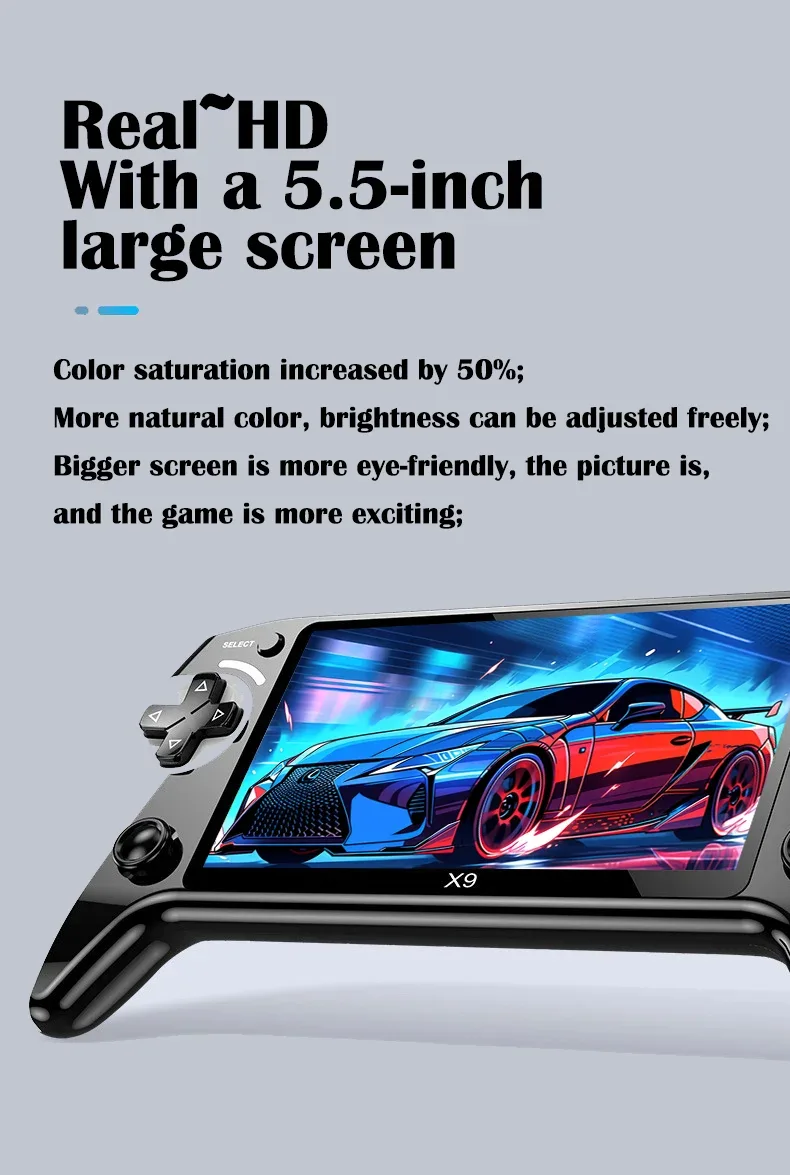 The X9 gaming console features a 5.5-inch high-resolution IPS display with P1 arcade-quality HD output, supporting dual-stick GB