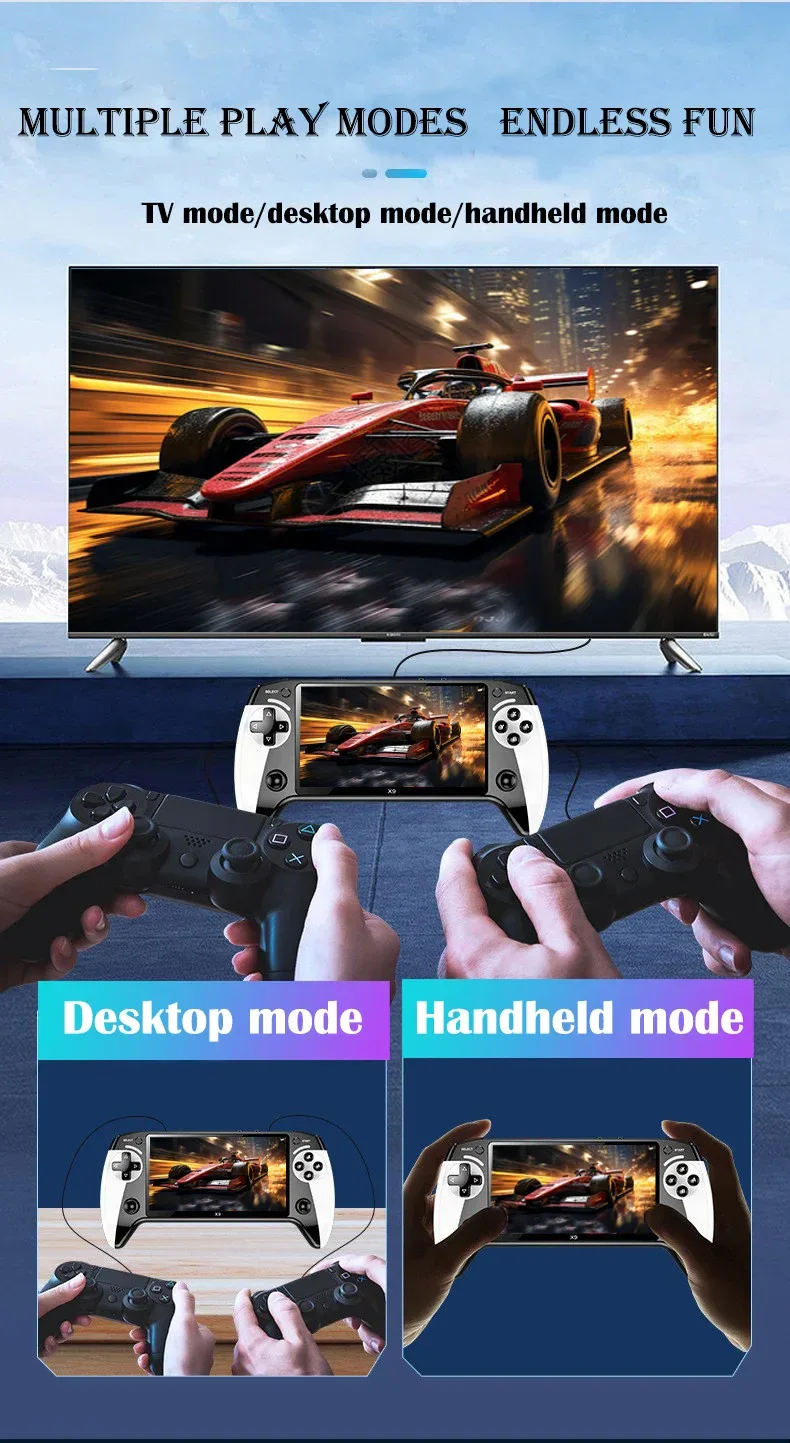 The X9 gaming console features a 5.5-inch high-resolution IPS display with P1 arcade-quality HD output, supporting dual-stick GB