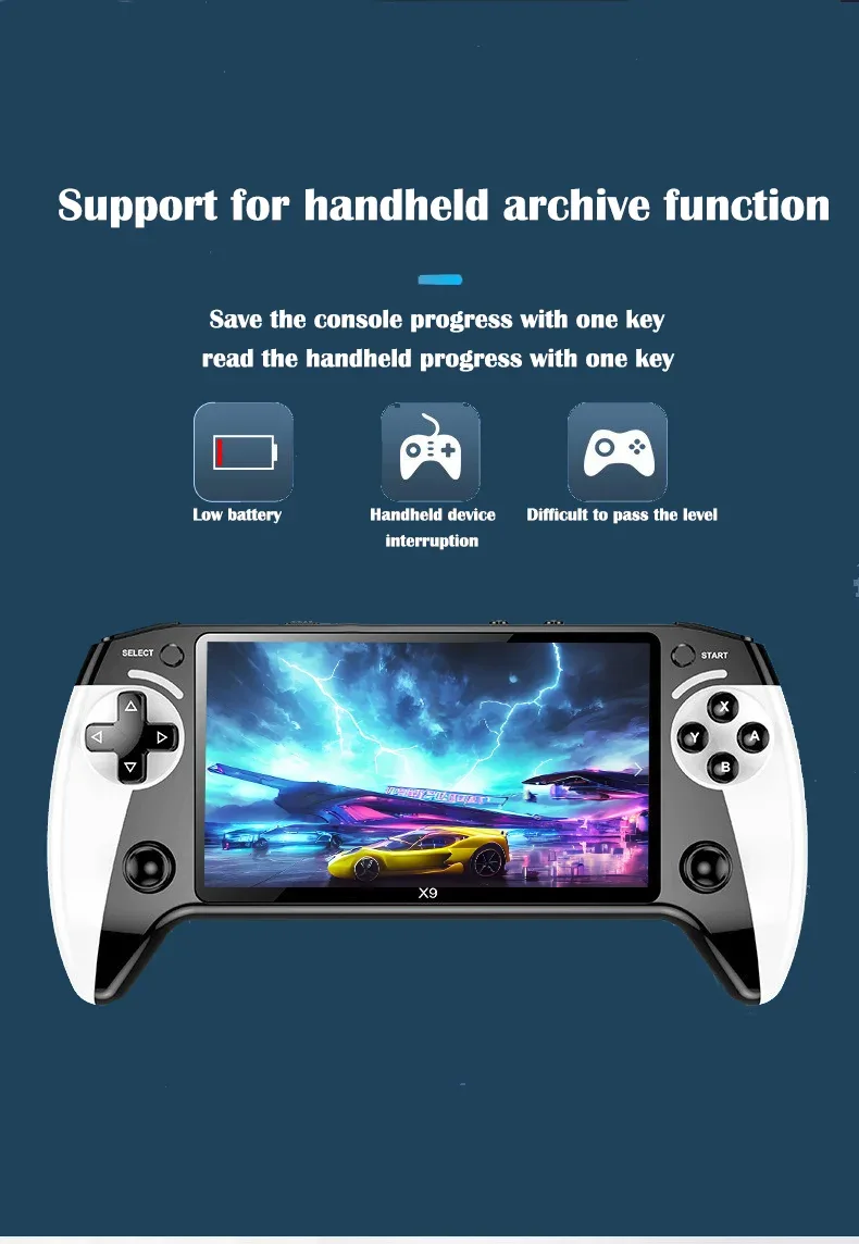 The X9 gaming console features a 5.5-inch high-resolution IPS display with P1 arcade-quality HD output, supporting dual-stick GB
