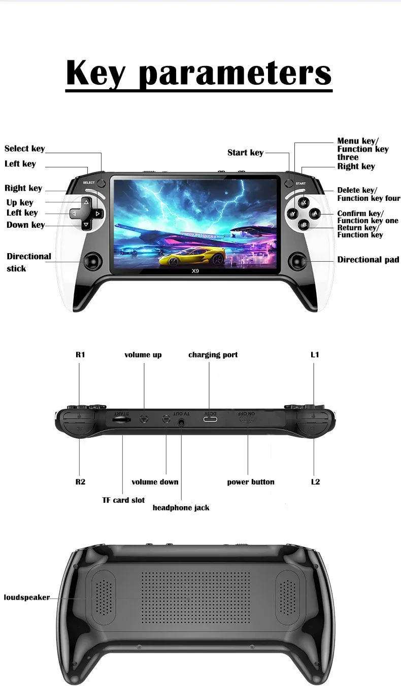 The X9 gaming console features a 5.5-inch high-resolution IPS display with P1 arcade-quality HD output, supporting dual-stick GB