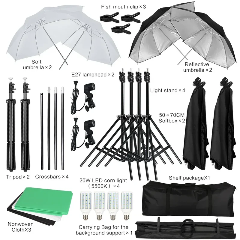 Photography Lighting Kit 2x3M Photo Background Backdrops Soft Umbrella Softbox Light Stand Portable Bag For Photo Studio Shoot