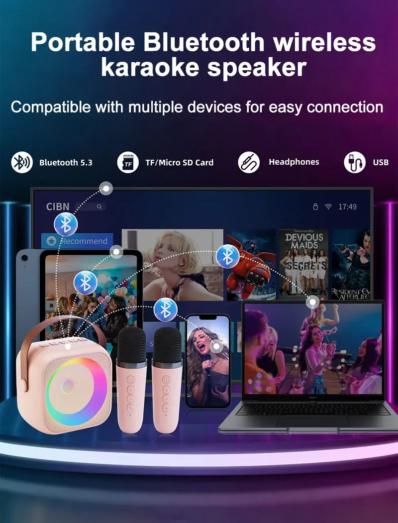 Haomuren Portable Karaoke Machine with Wireless 1 or 2 Microphone Mini Bluetooth Speaker for Children Singing Family Party Gift
