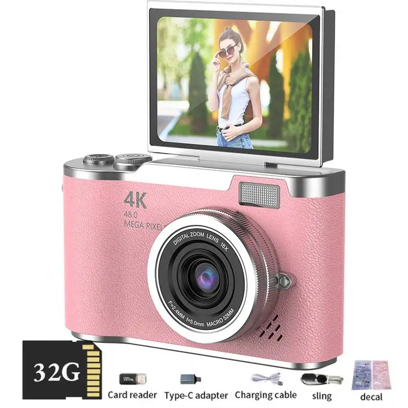 4K Digital Camera Beauty Filters 48MP HD Student CCD Camera CMOS Anti Shake 180° Flip Screen Selfie Camera for Kids Adults Gift