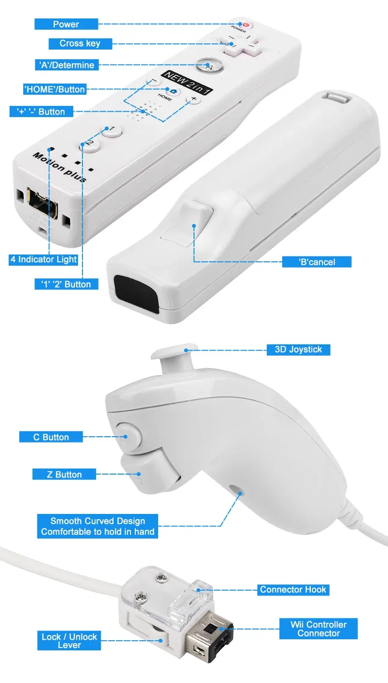 a Whole Set Remote Controller with Nunchuck Controller for Wii Games Control for Wii Console Wireless Gamepad with Motion Plus