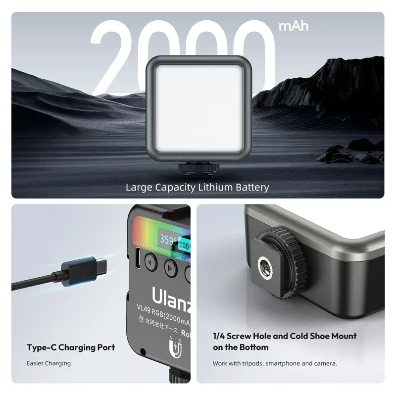 Ulanzi VL49 RGB Video Lights Mini LED Camera Light 2000mAh Rechargable LED Panel Lamp Photo Video Lighting for Youtube Tik tok