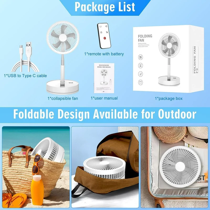 XIAOTREE Wireless Folding Desk Fan Telescopic Outdoor Travel Camping Floor Fan With 7200 mAh USB Rechargeable Fan Standing Fan