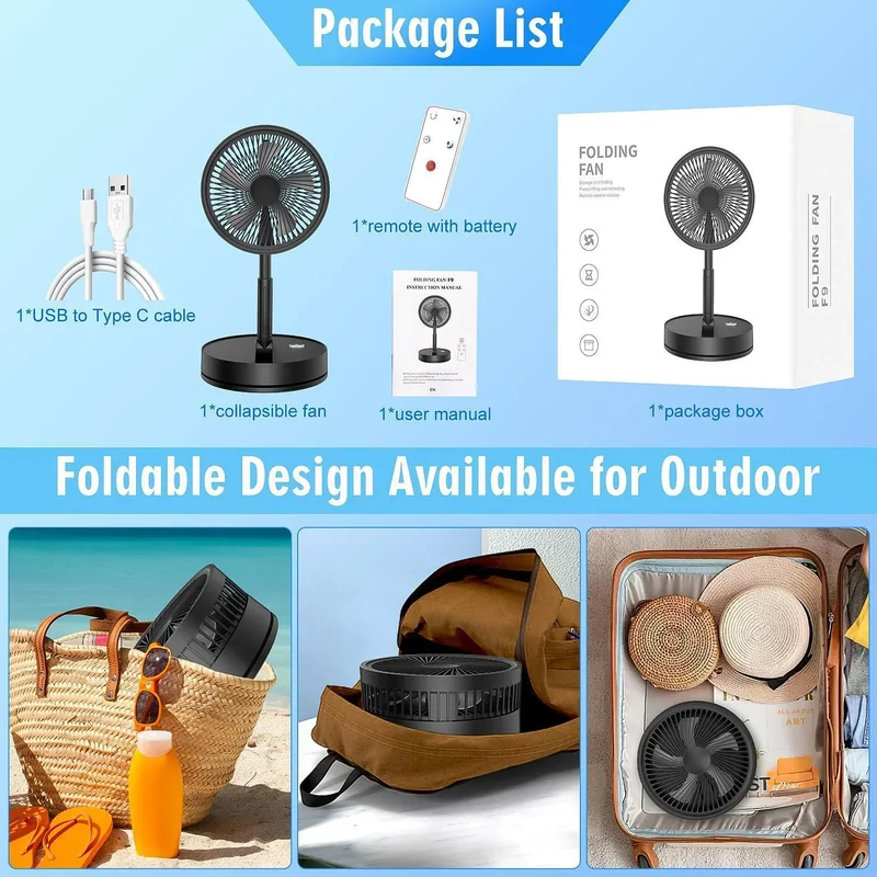 XIAOTREE Wireless Folding Desk Fan Telescopic Outdoor Travel Camping Floor Fan With 7200 mAh USB Rechargeable Fan Standing Fan