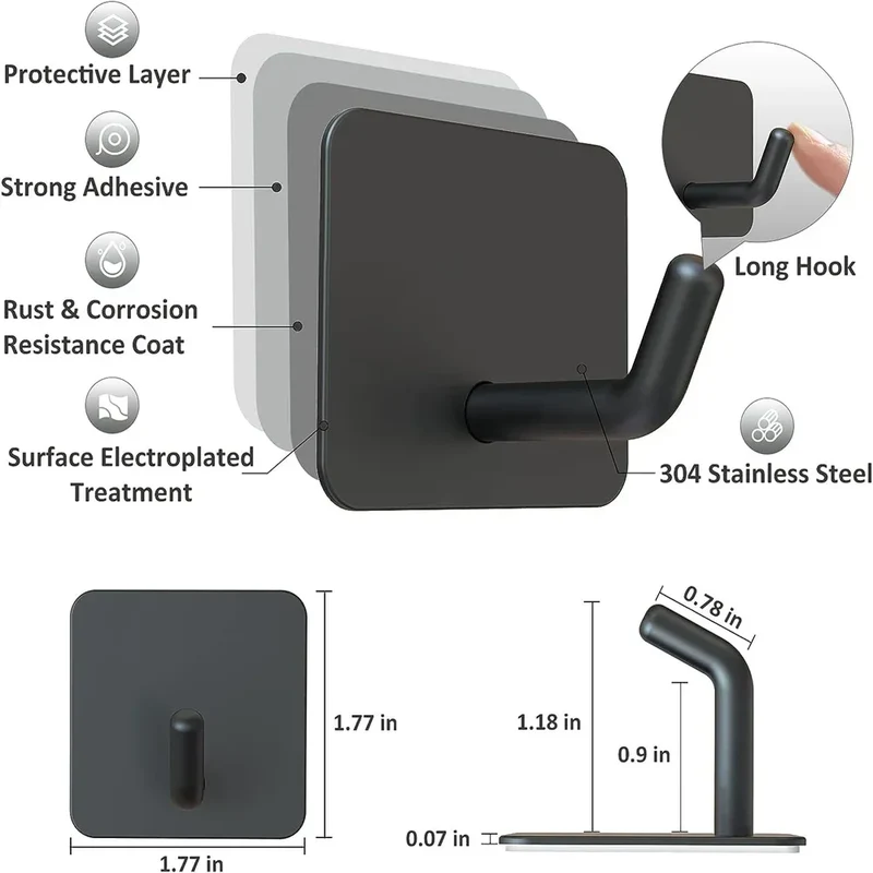 SUS304 Stainless Steel Adhesive Hook Self Adhesive Wall Hooks Hanger Heavy Duty Waterproof Storage Holder Stick on Towel Hooks